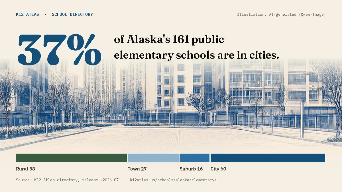 37% of Alaska's 161 public elementary schools are in cities (rural 58, town 27, suburb 16, city 60).