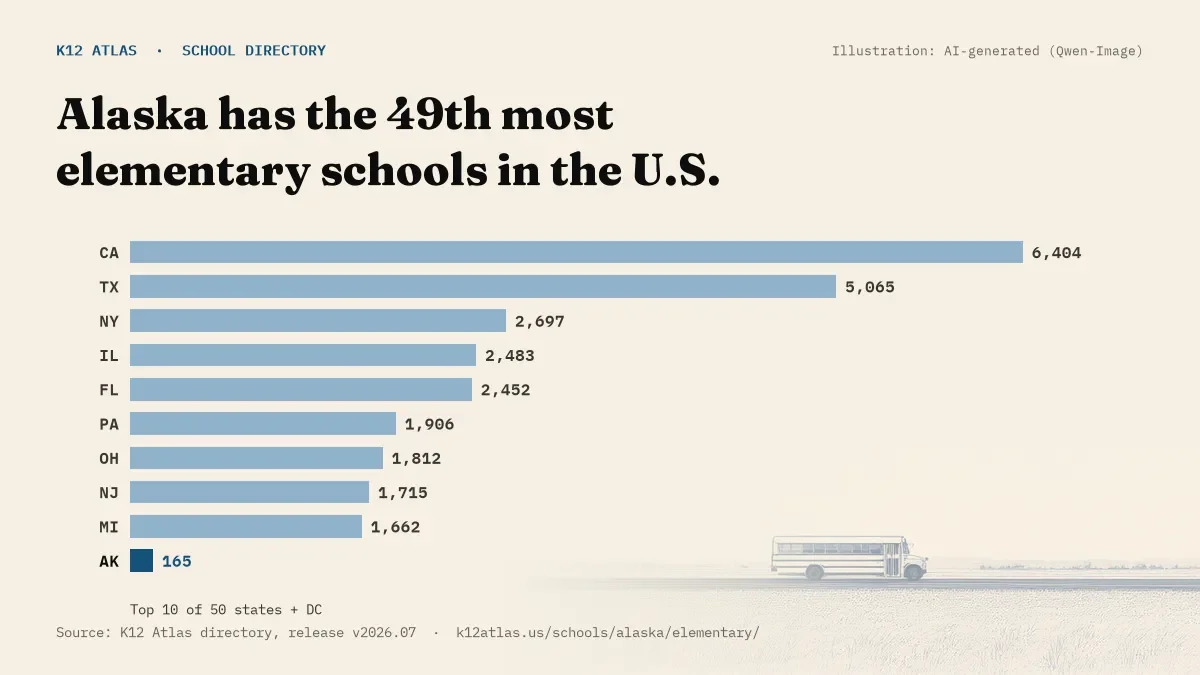 Bar chart of the states with the most elementary schools: Alaska has the 49th most of the 50 states and DC, with 165.