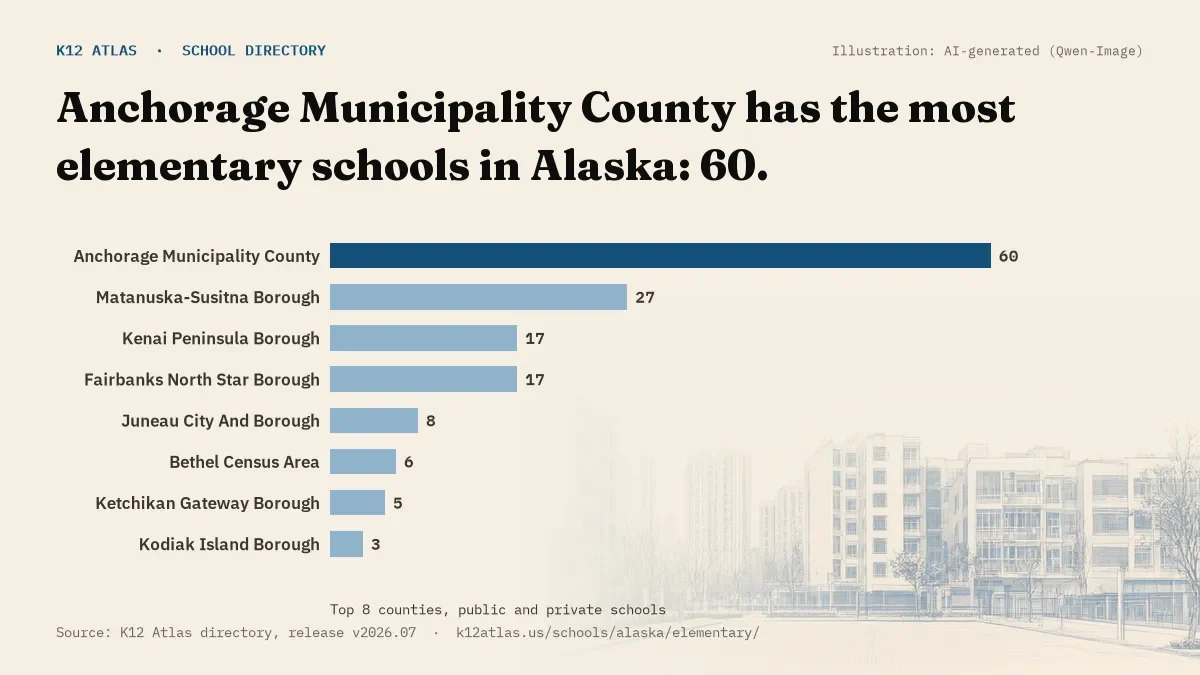 Bar chart of Alaska counties by number of elementary schools: Anchorage Municipality County has the most, 60.