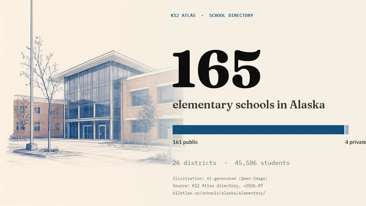 165 elementary schools in Alaska: 161 public and 4 private, across 26 districts with 45,586 students.