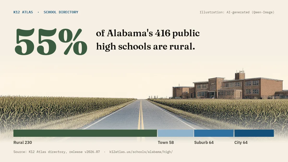 55% of Alabama's 416 public high schools are rural (rural 230, town 58, suburb 64, city 64).