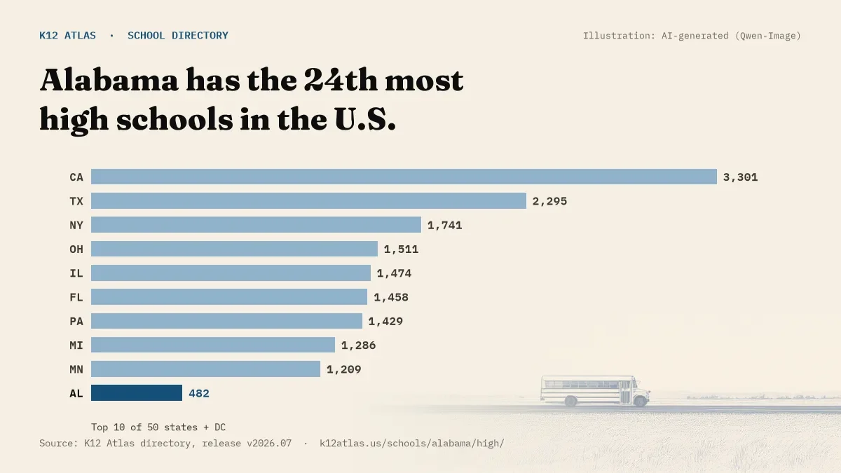 Bar chart of the states with the most high schools: Alabama has the 24th most of the 50 states and DC, with 482.