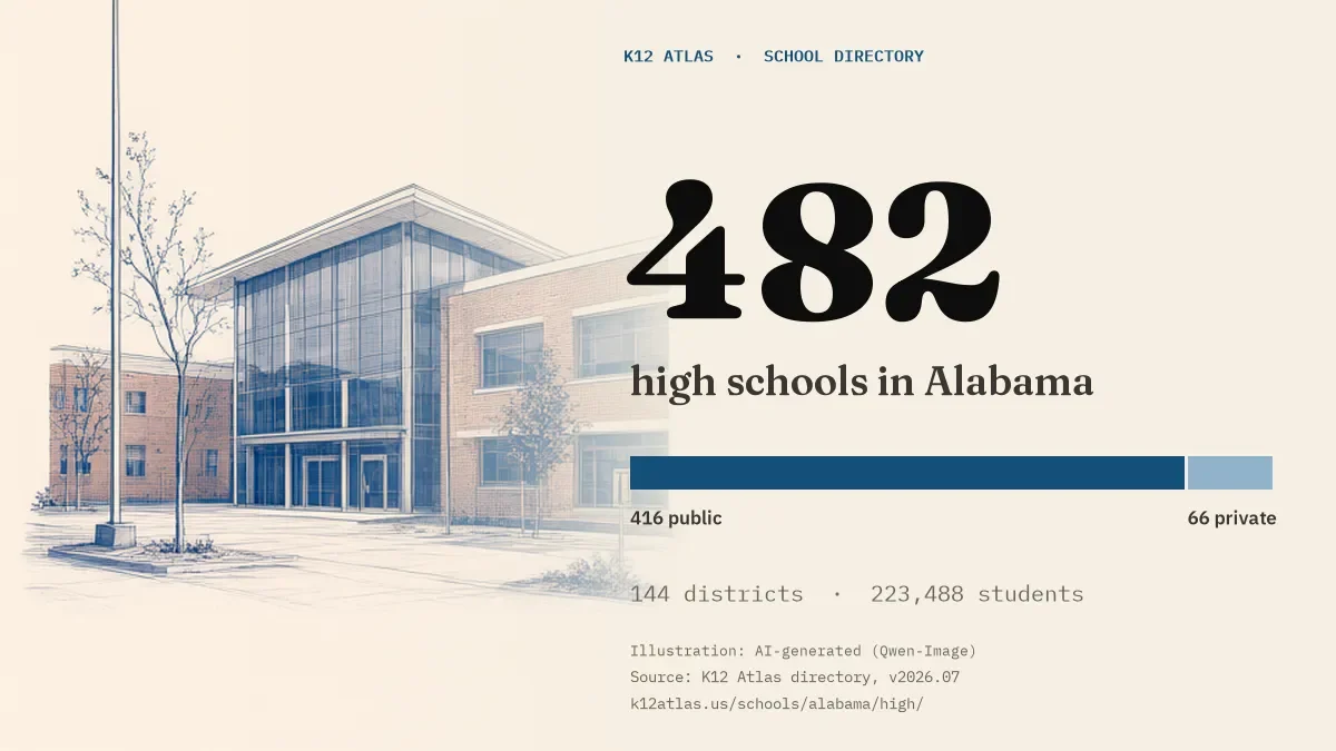 482 high schools in Alabama: 416 public and 66 private, across 144 districts with 223,488 students.