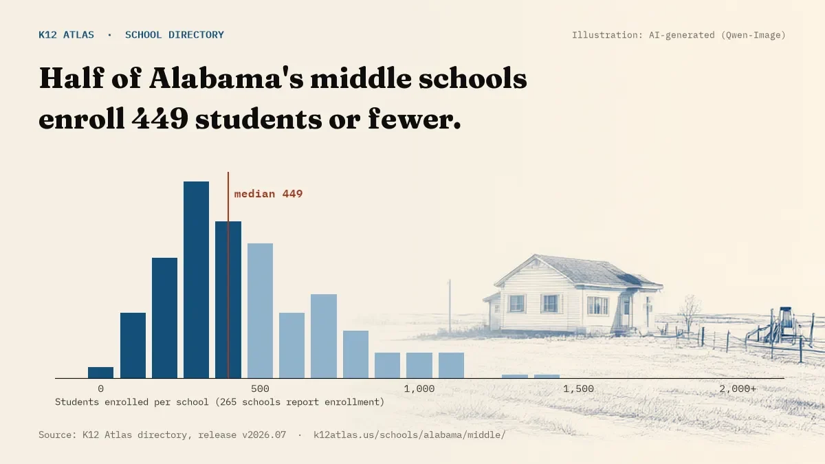 Histogram of enrollment: half of Alabama's middle schools enroll 449 students or fewer (265 schools report enrollment).