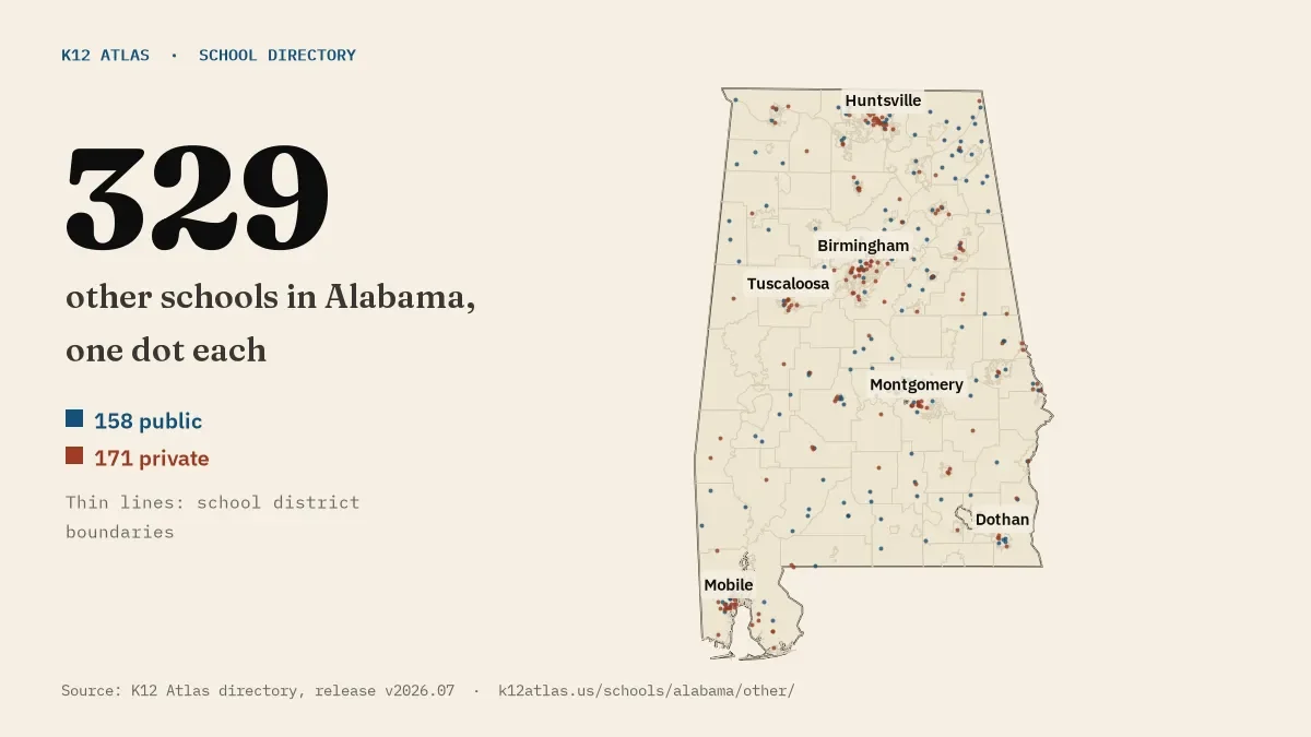 Map of Alabama with one dot for each of its 329 mapped other schools, over school district boundaries.