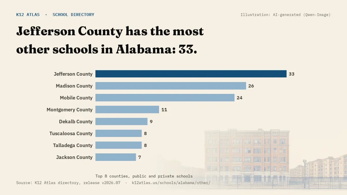 Bar chart of Alabama counties by number of other schools: Jefferson County has the most, 33.