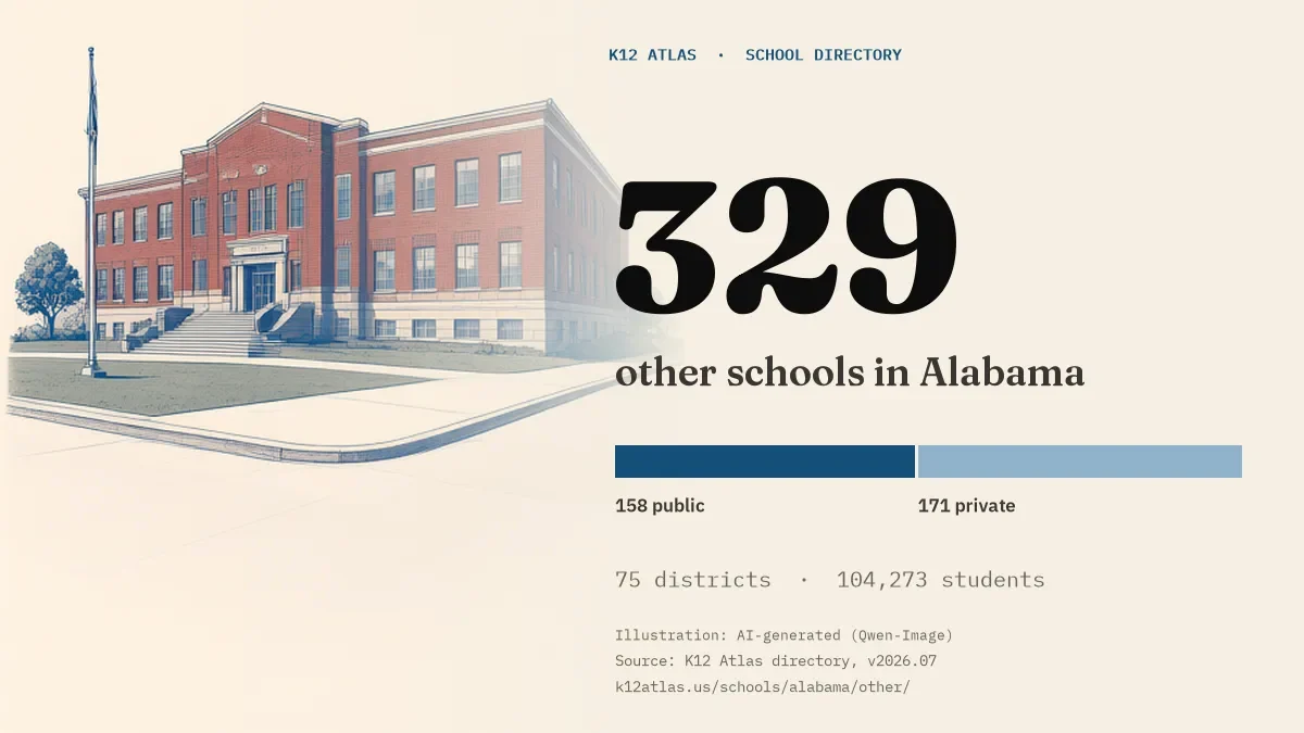 329 other schools in Alabama: 158 public and 171 private, across 75 districts with 104,273 students.
