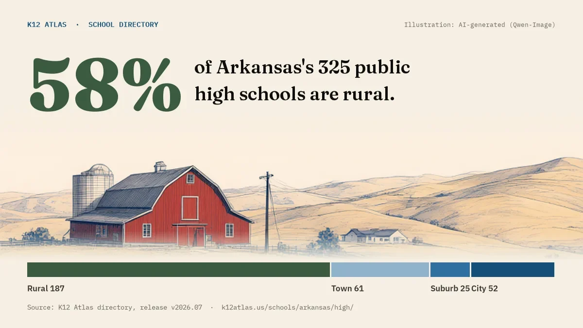 58% of Arkansas's 325 public high schools are rural (rural 187, town 61, suburb 25, city 52).