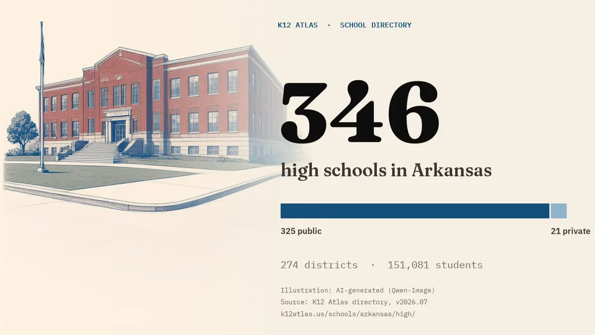 346 high schools in Arkansas: 325 public and 21 private, across 274 districts with 151,081 students.