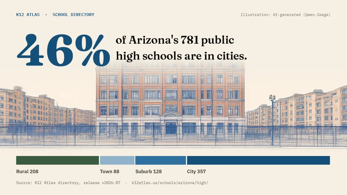46% of Arizona's 781 public high schools are in cities (rural 208, town 88, suburb 128, city 357).