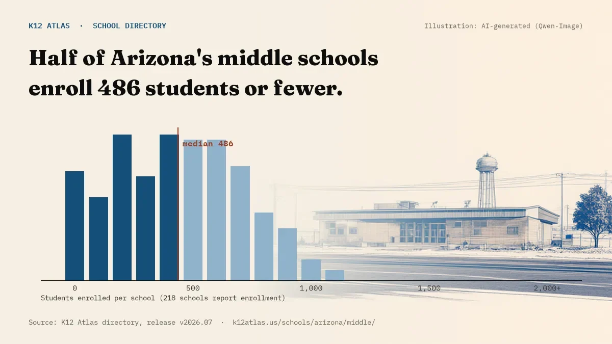 Histogram of enrollment: half of Arizona's middle schools enroll 486 students or fewer (218 schools report enrollment).