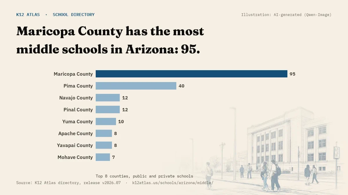 Bar chart of Arizona counties by number of middle schools: Maricopa County has the most, 95.