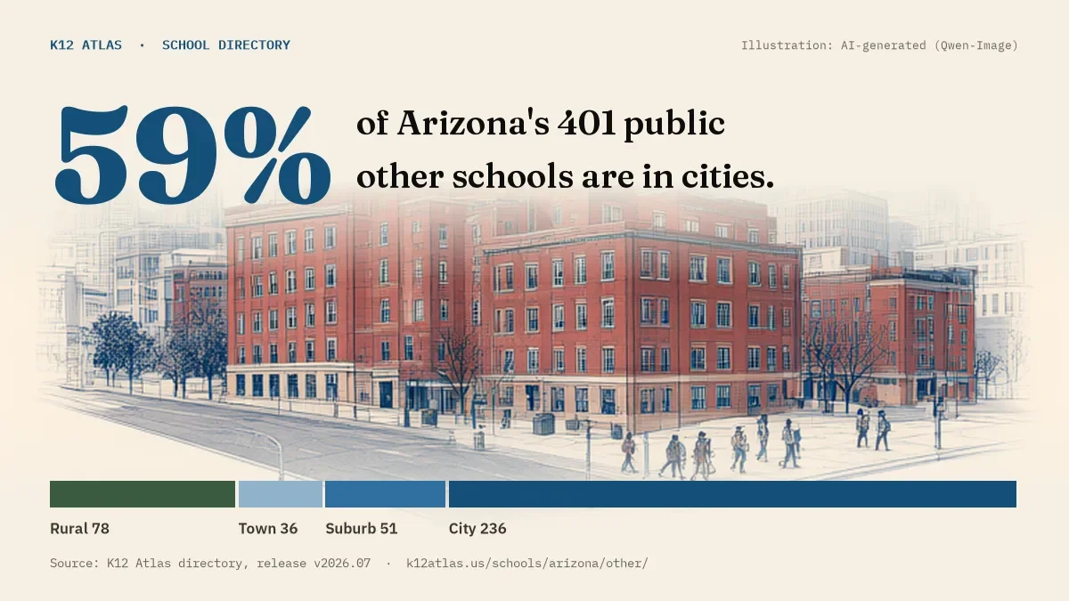 59% of Arizona's 401 public other schools are in cities (rural 78, town 36, suburb 51, city 236).