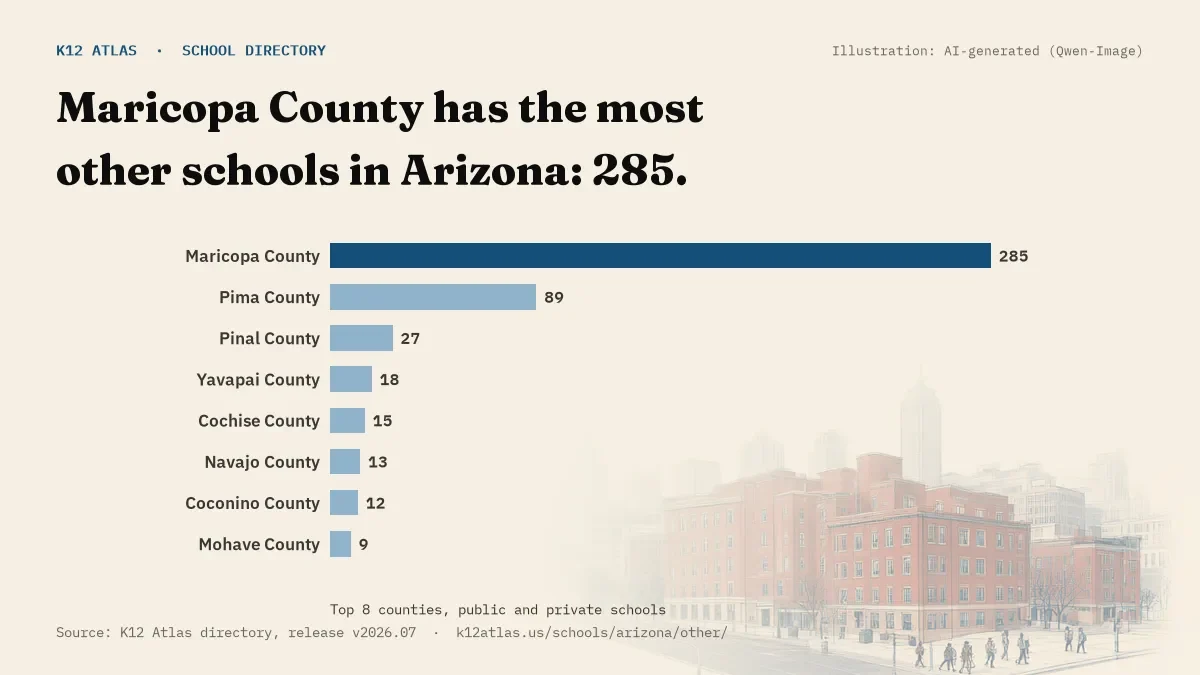 Bar chart of Arizona counties by number of other schools: Maricopa County has the most, 285.