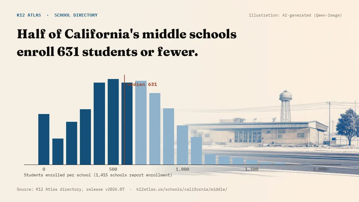 Histogram of enrollment: half of California's middle schools enroll 631 students or fewer (1,415 schools report enrollment).