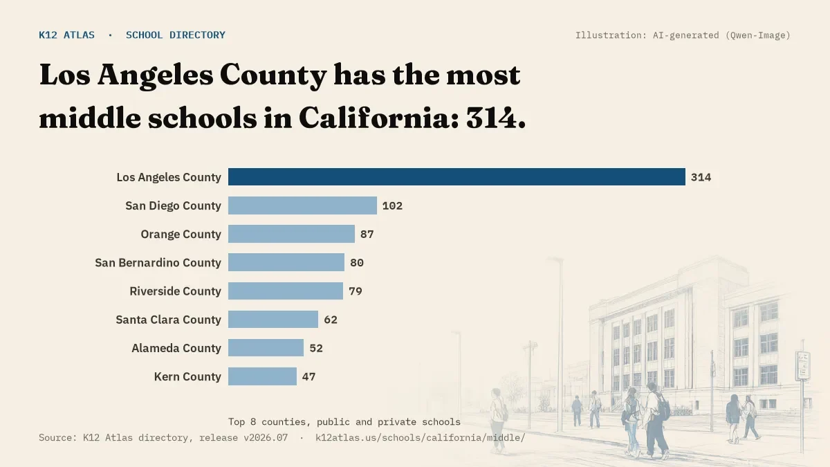 Bar chart of California counties by number of middle schools: Los Angeles County has the most, 314.
