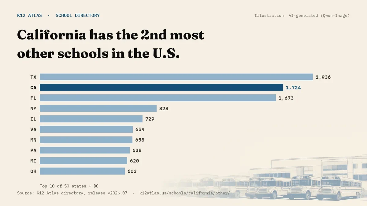 Bar chart of the states with the most other schools: California has the 2nd most of the 50 states and DC, with 1,724.