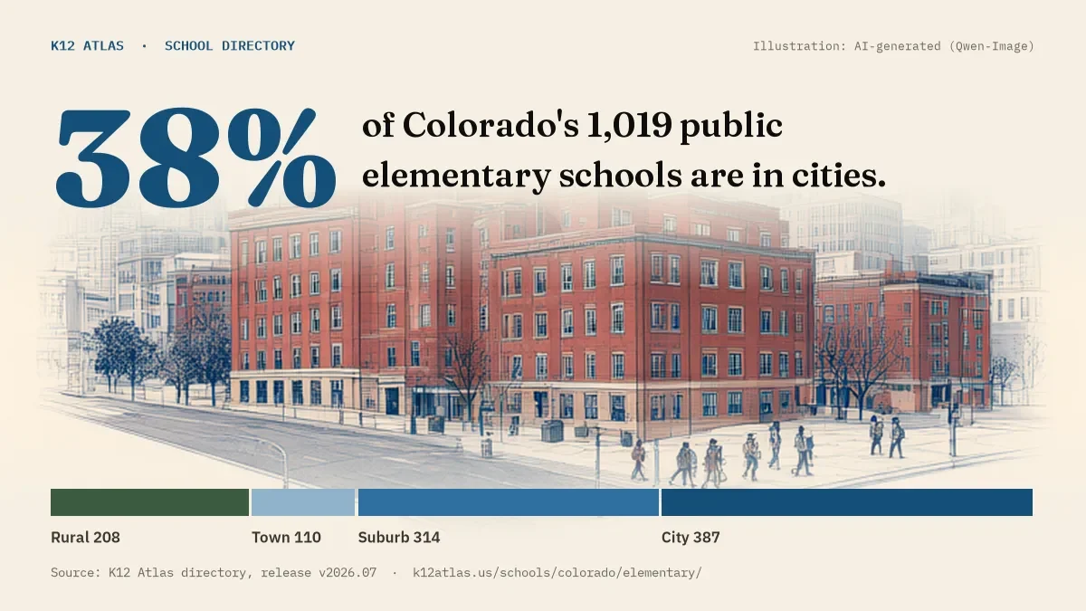 38% of Colorado's 1,019 public elementary schools are in cities (rural 208, town 110, suburb 314, city 387).