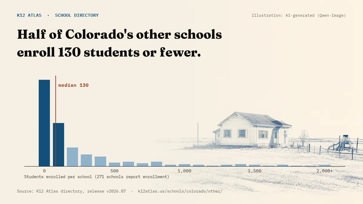 Histogram of enrollment: half of Colorado's other schools enroll 130 students or fewer (271 schools report enrollment).