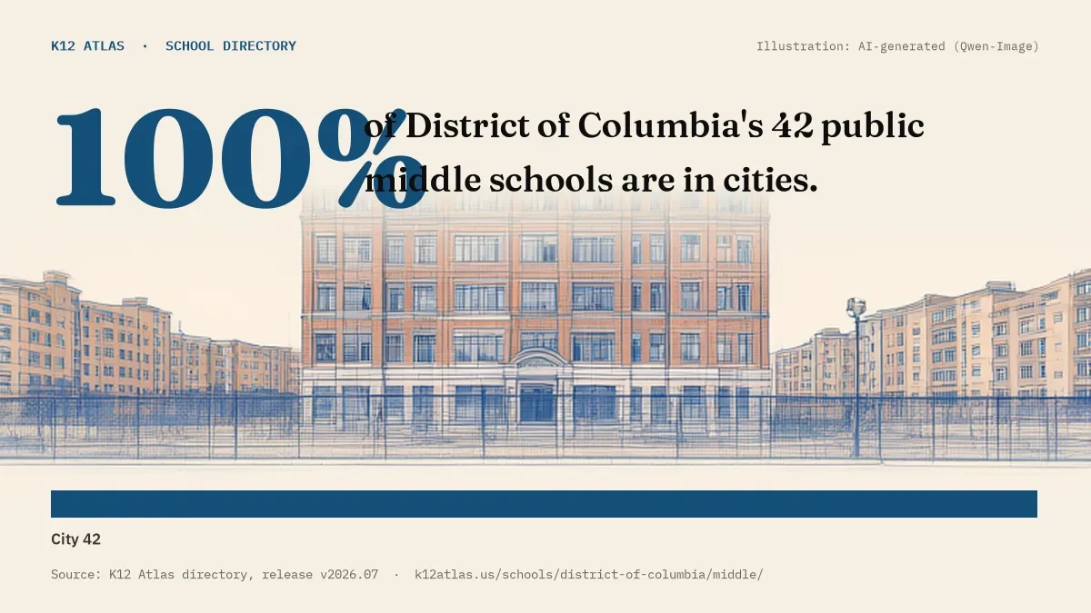 100% of District of Columbia's 42 public middle schools are in cities (rural 0, town 0, suburb 0, city 42).