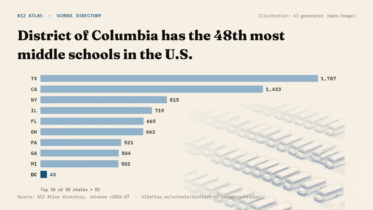 Bar chart of the states with the most middle schools: District of Columbia has the 48th most of the 50 states and DC, with 43.