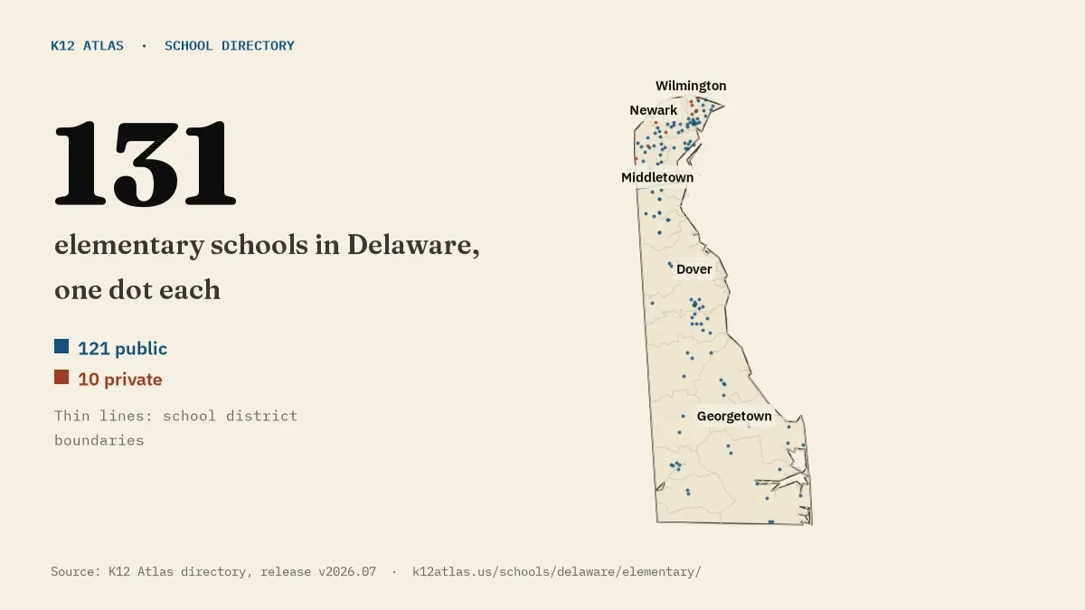 Map of Delaware with one dot for each of its 131 mapped elementary schools, over school district boundaries.