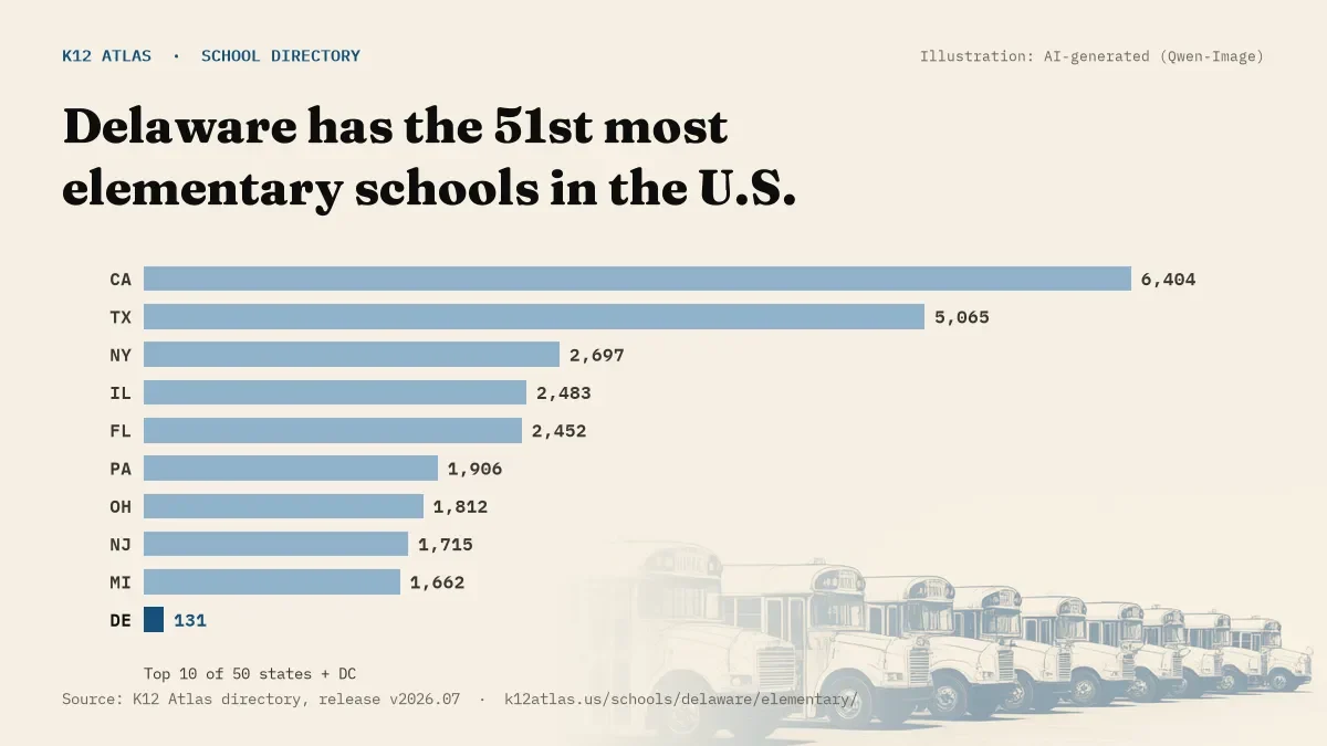 Bar chart of the states with the most elementary schools: Delaware has the 51st most of the 50 states and DC, with 131.