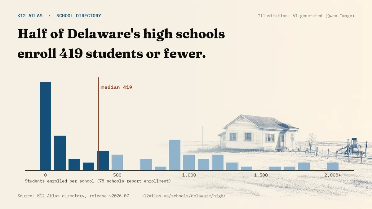 Histogram of enrollment: half of Delaware's high schools enroll 419 students or fewer (78 schools report enrollment).
