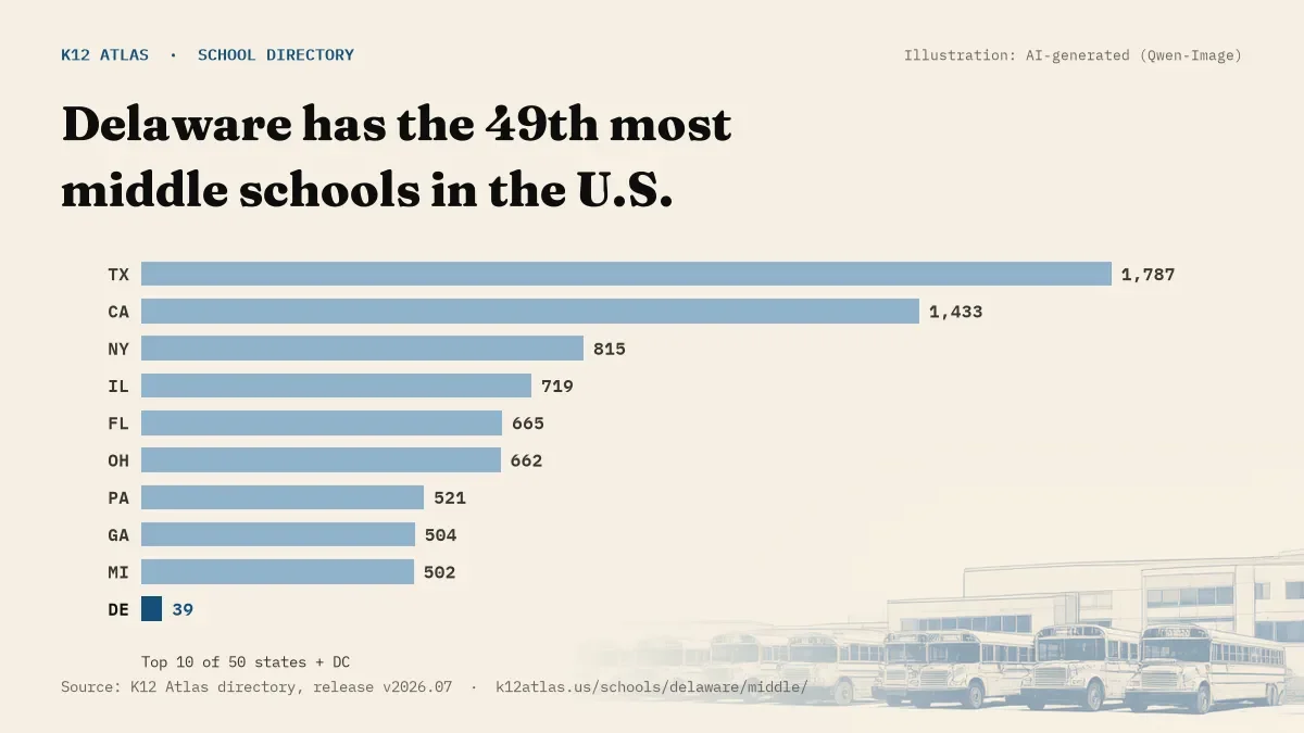Bar chart of the states with the most middle schools: Delaware has the 49th most of the 50 states and DC, with 39.