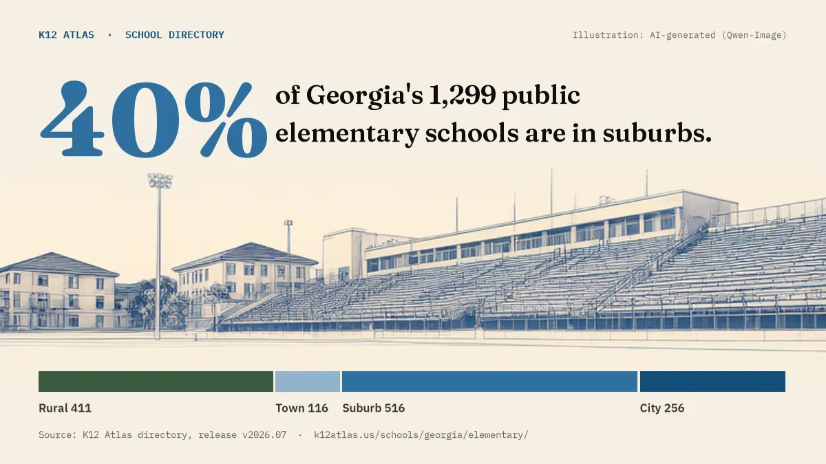 40% of Georgia's 1,299 public elementary schools are in suburbs (rural 411, town 116, suburb 516, city 256).