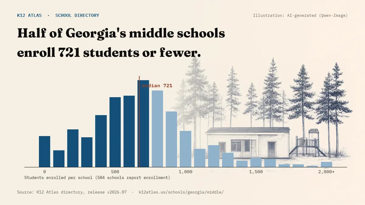 Histogram of enrollment: half of Georgia's middle schools enroll 721 students or fewer (504 schools report enrollment).