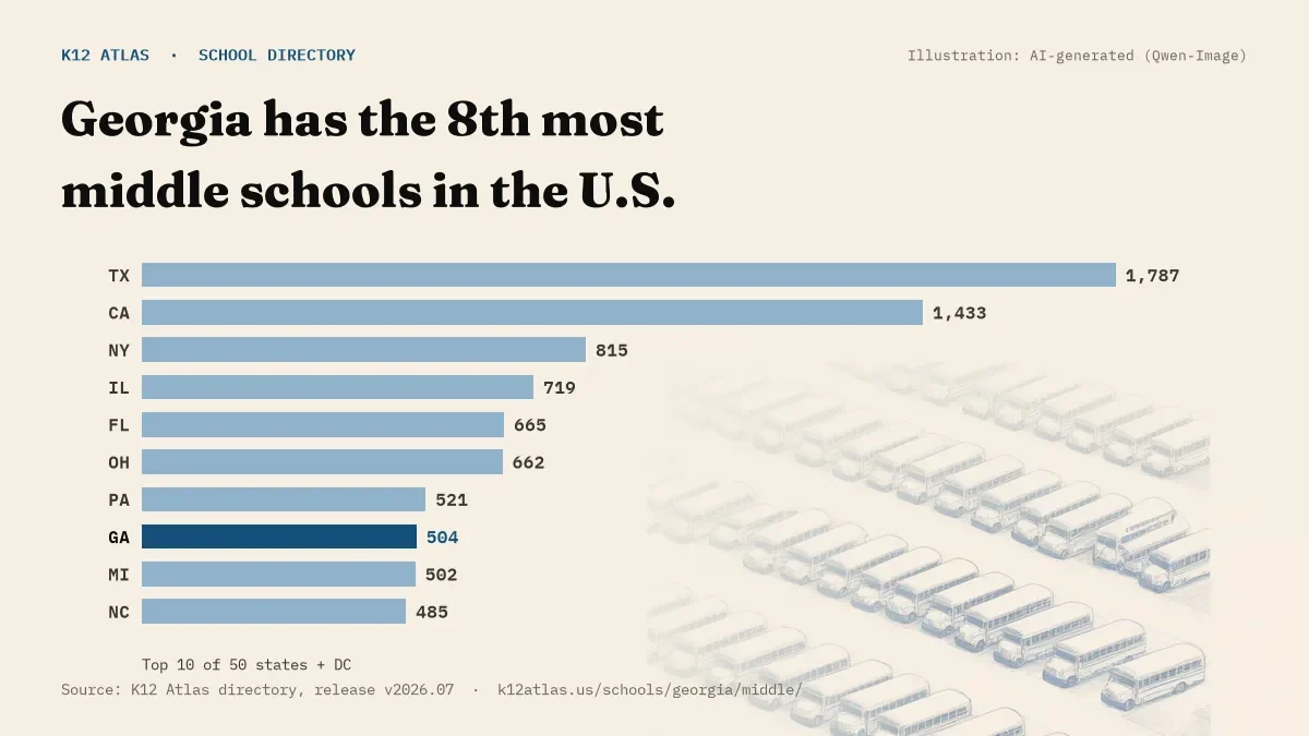 Bar chart of the states with the most middle schools: Georgia has the 8th most of the 50 states and DC, with 504.
