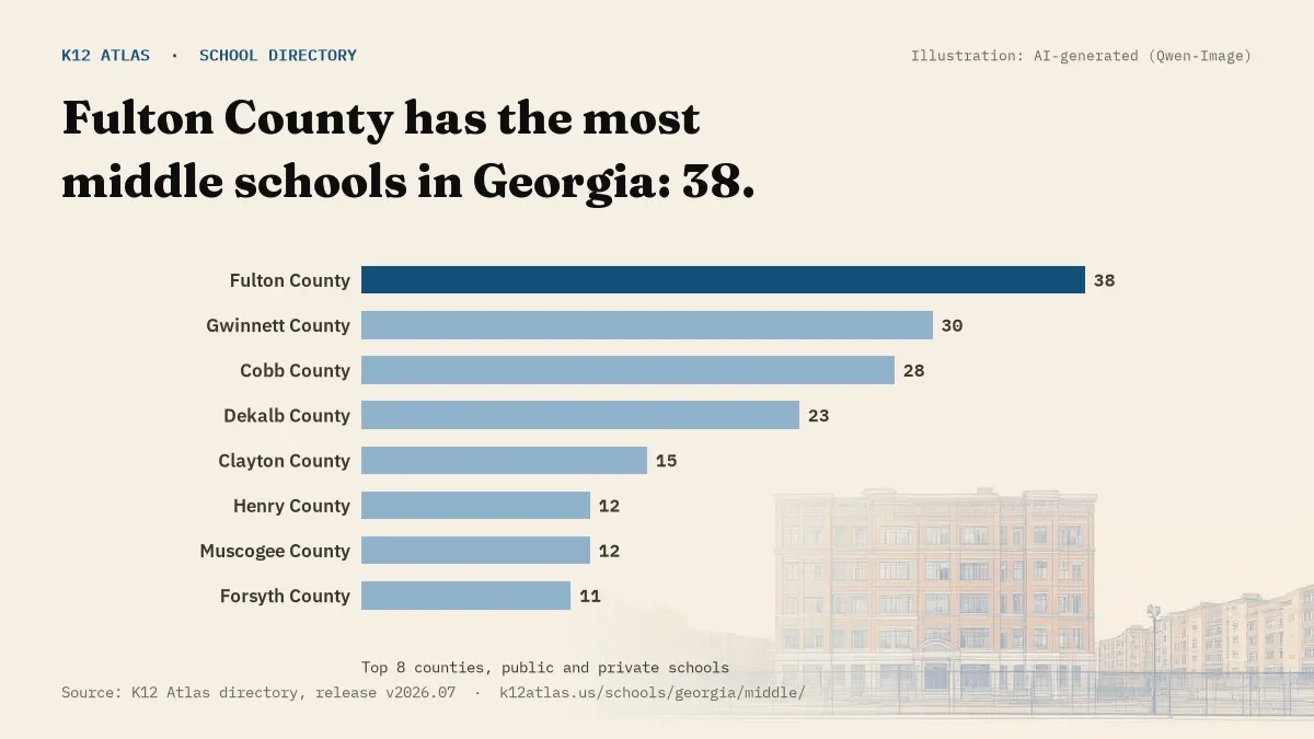 Bar chart of Georgia counties by number of middle schools: Fulton County has the most, 38.