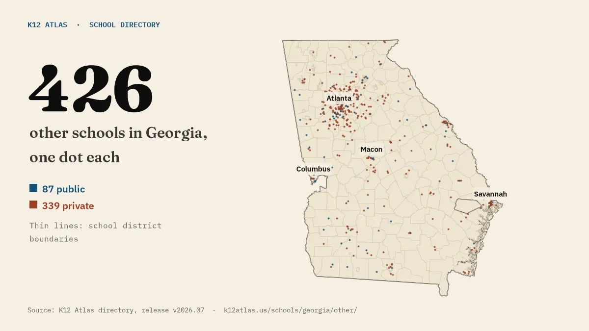 Map of Georgia with one dot for each of its 426 mapped other schools, over school district boundaries.