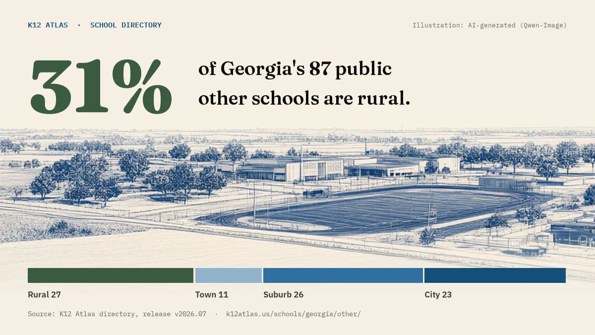 31% of Georgia's 87 public other schools are rural (rural 27, town 11, suburb 26, city 23).