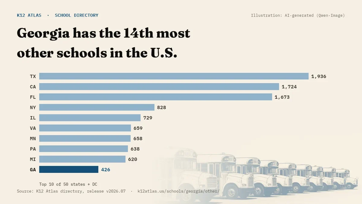 Bar chart of the states with the most other schools: Georgia has the 14th most of the 50 states and DC, with 426.