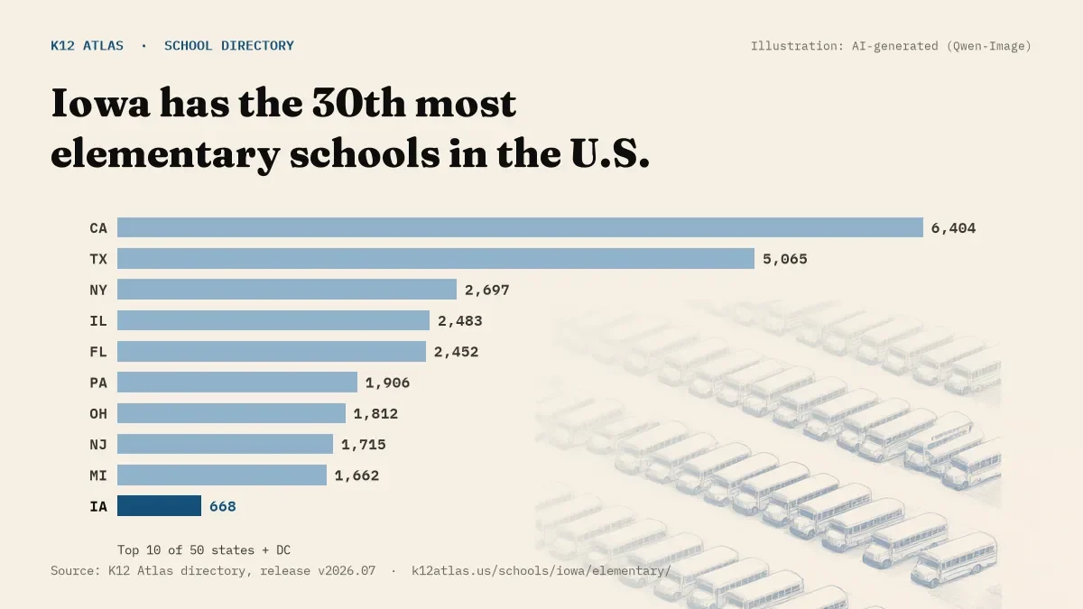 Bar chart of the states with the most elementary schools: Iowa has the 30th most of the 50 states and DC, with 668.