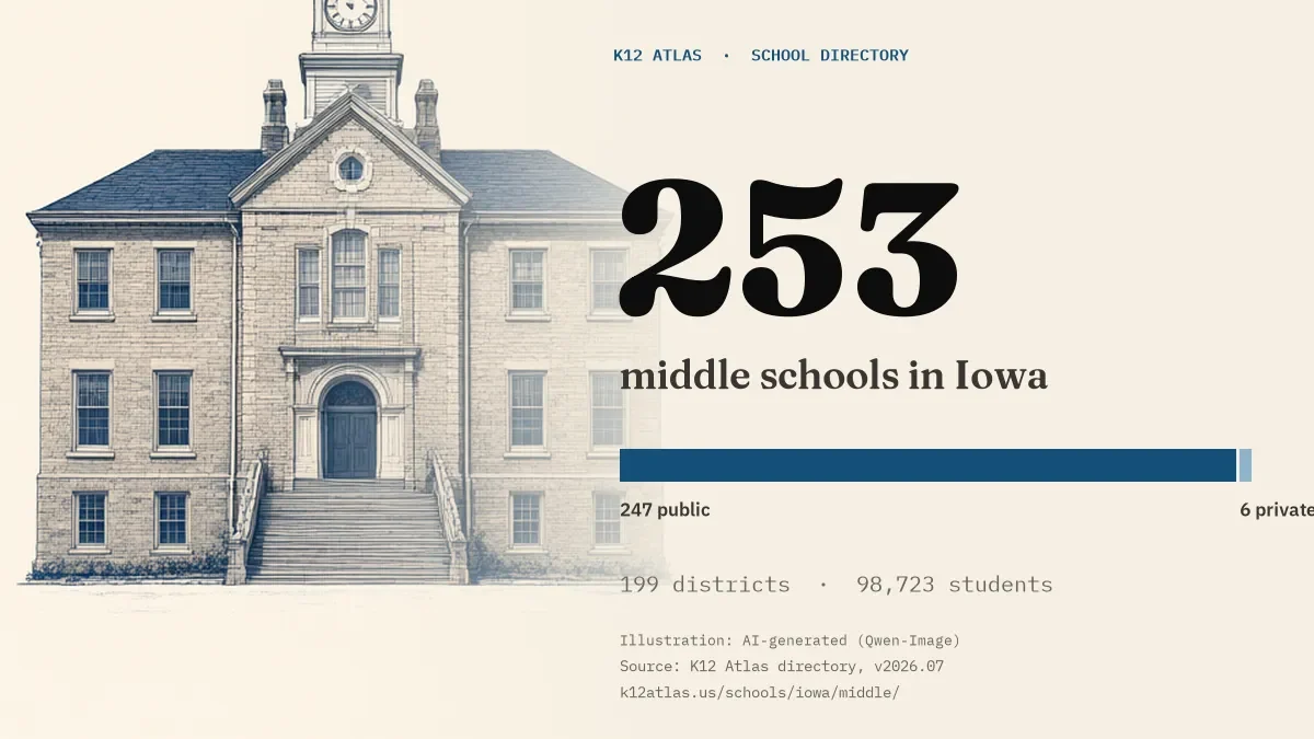 253 middle schools in Iowa: 247 public and 6 private, across 199 districts with 98,723 students.