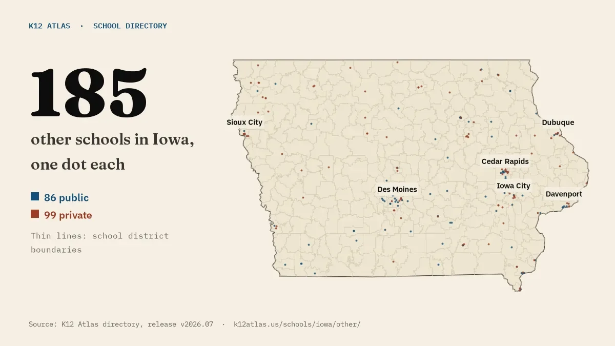 Map of Iowa with one dot for each of its 184 mapped other schools, over school district boundaries.