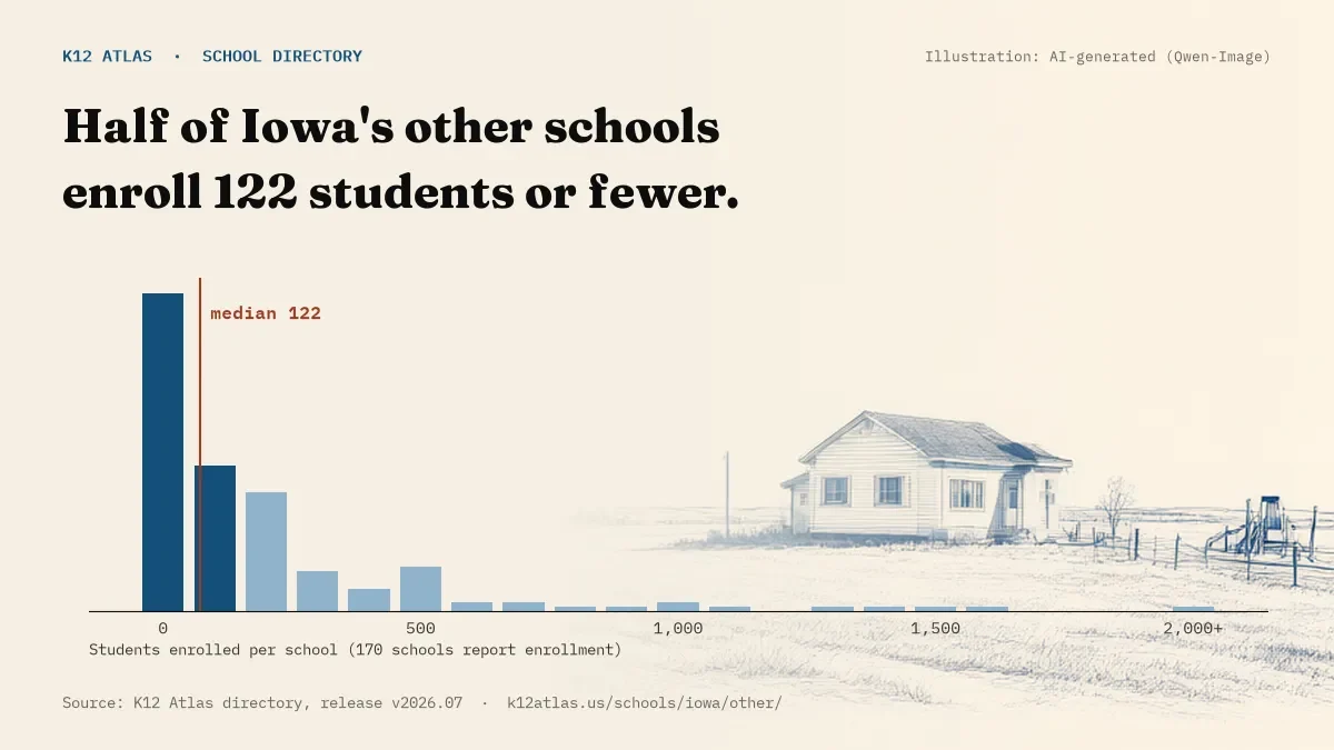 Histogram of enrollment: half of Iowa's other schools enroll 122 students or fewer (170 schools report enrollment).