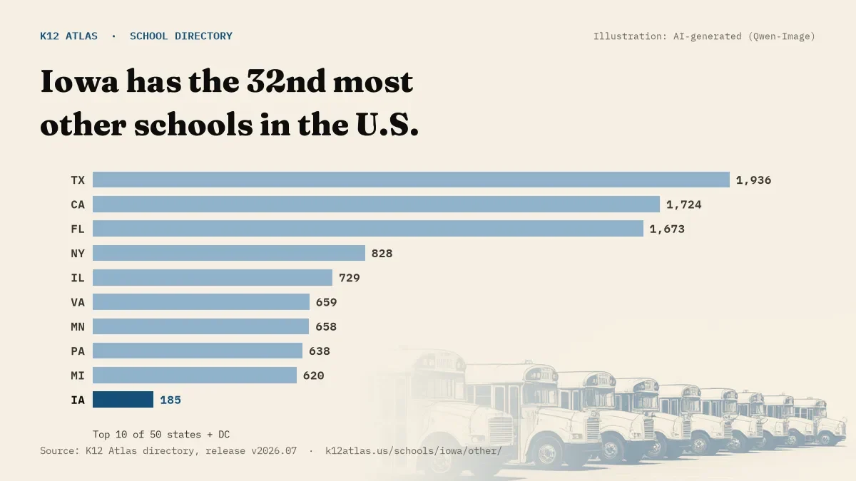 Bar chart of the states with the most other schools: Iowa has the 32nd most of the 50 states and DC, with 185.