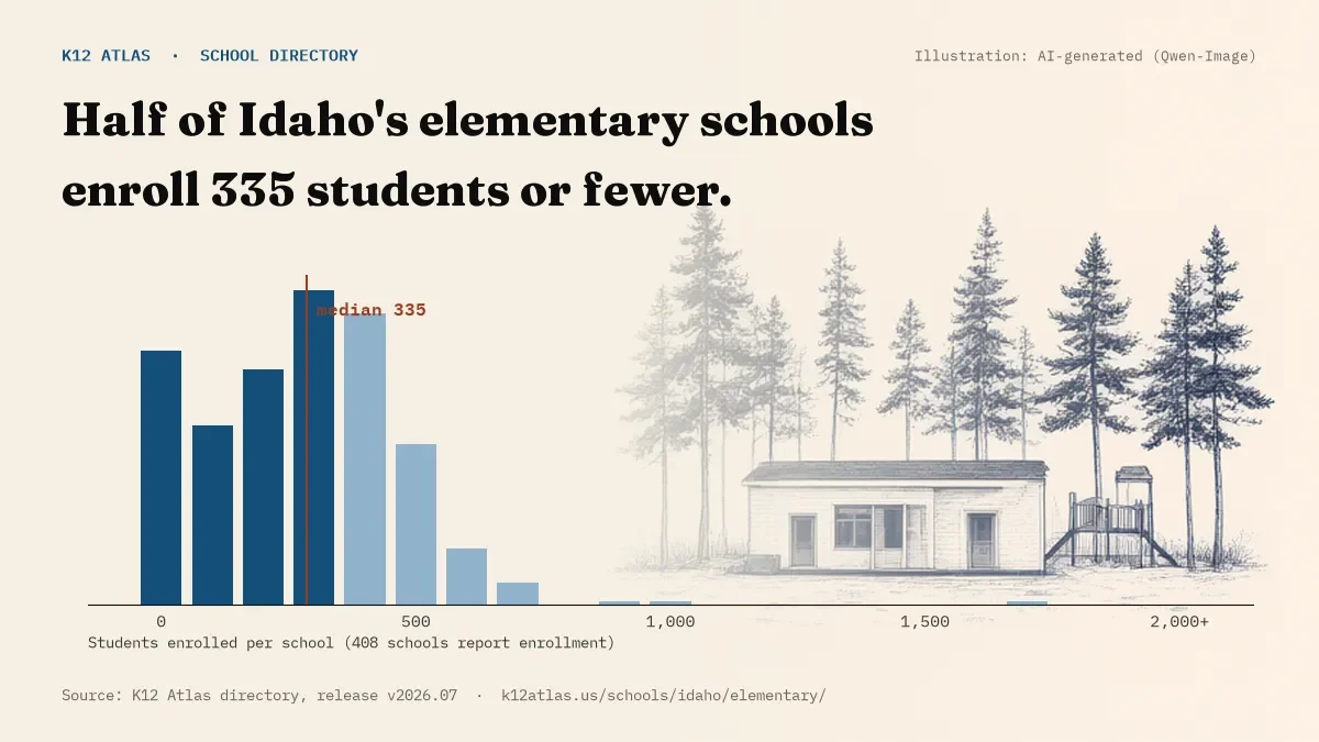 Histogram of enrollment: half of Idaho's elementary schools enroll 335 students or fewer (408 schools report enrollment).