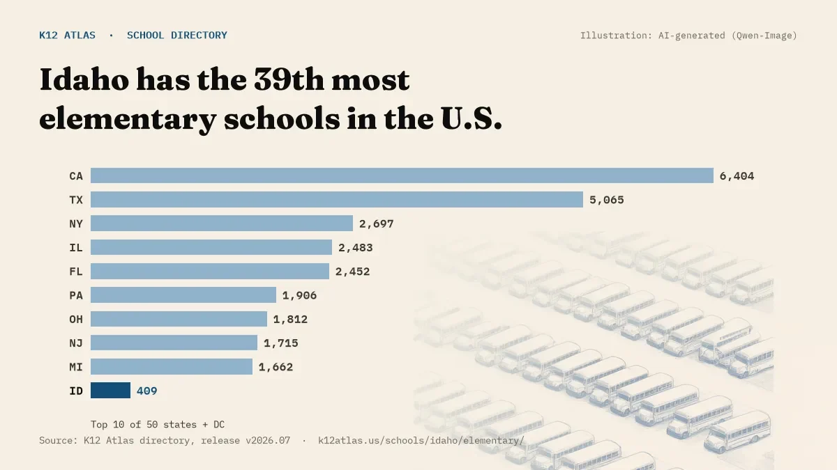 Bar chart of the states with the most elementary schools: Idaho has the 39th most of the 50 states and DC, with 409.