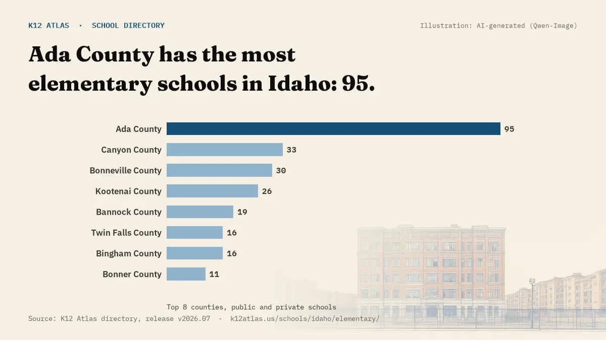 Bar chart of Idaho counties by number of elementary schools: Ada County has the most, 95.