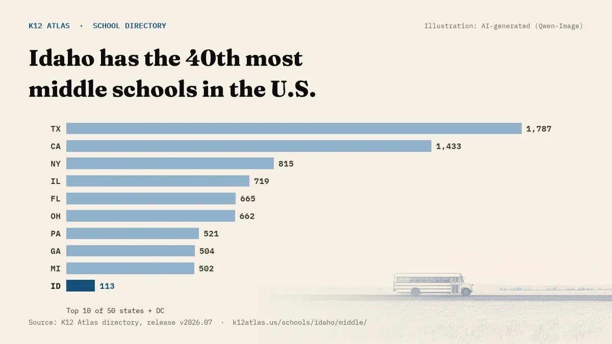 Bar chart of the states with the most middle schools: Idaho has the 40th most of the 50 states and DC, with 113.