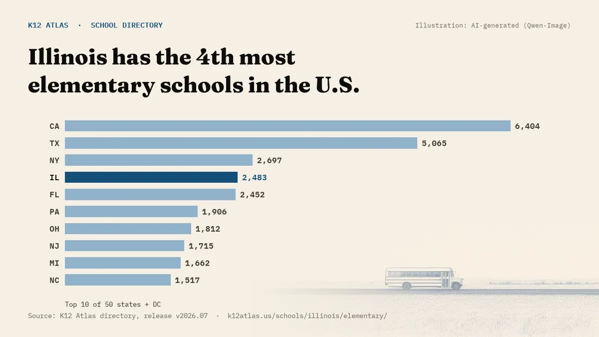 Bar chart of the states with the most elementary schools: Illinois has the 4th most of the 50 states and DC, with 2,483.