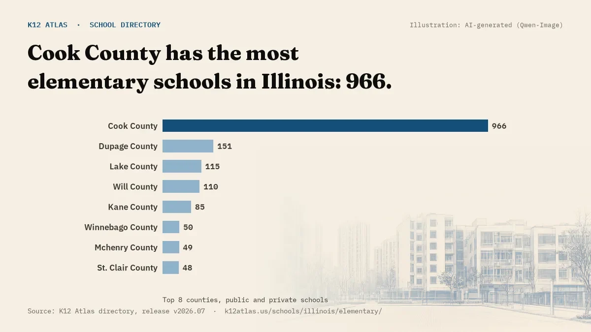 Bar chart of Illinois counties by number of elementary schools: Cook County has the most, 966.