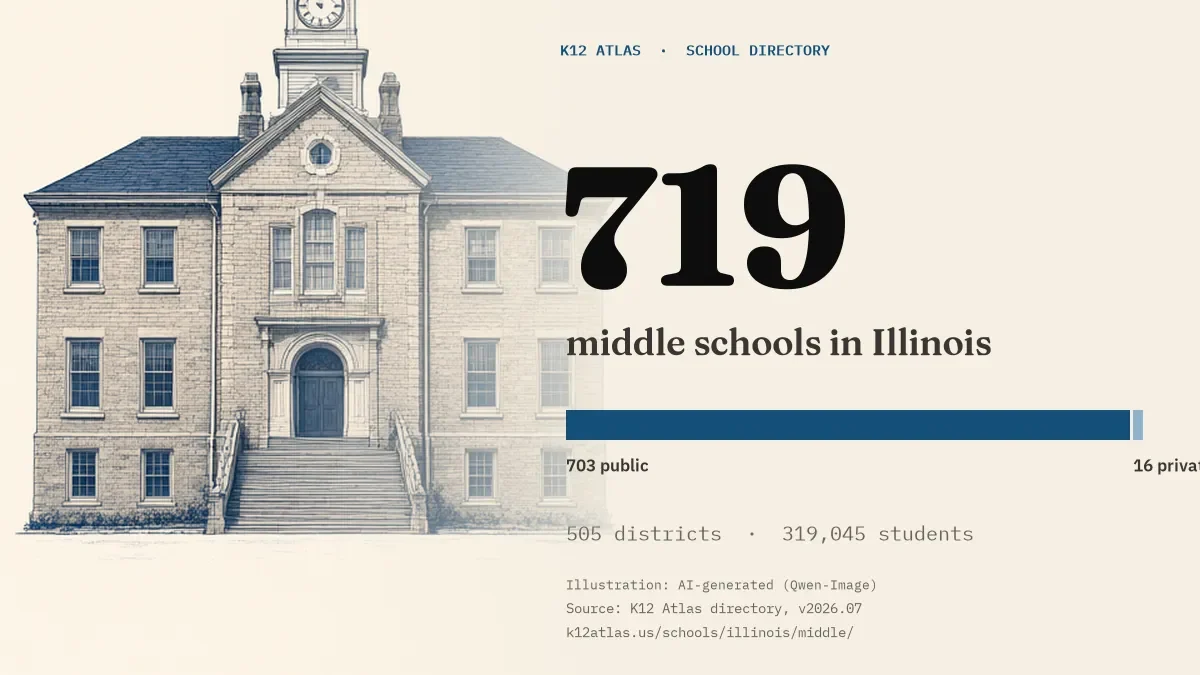 719 middle schools in Illinois: 703 public and 16 private, across 505 districts with 319,045 students.