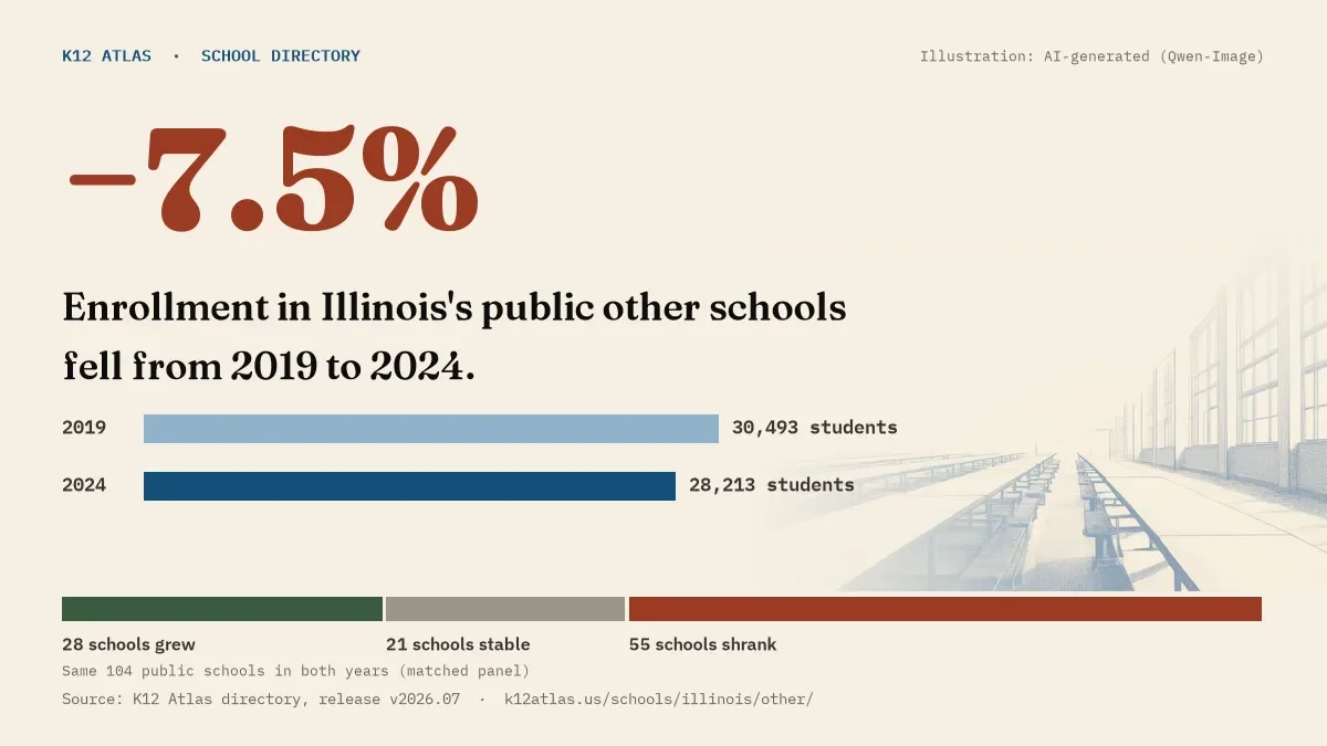 Enrollment in Illinois's public other schools fell 7.5% from 2019 to 2024, 30,493 to 28,213 students in the same 104 schools; 28 grew and 55 shrank.