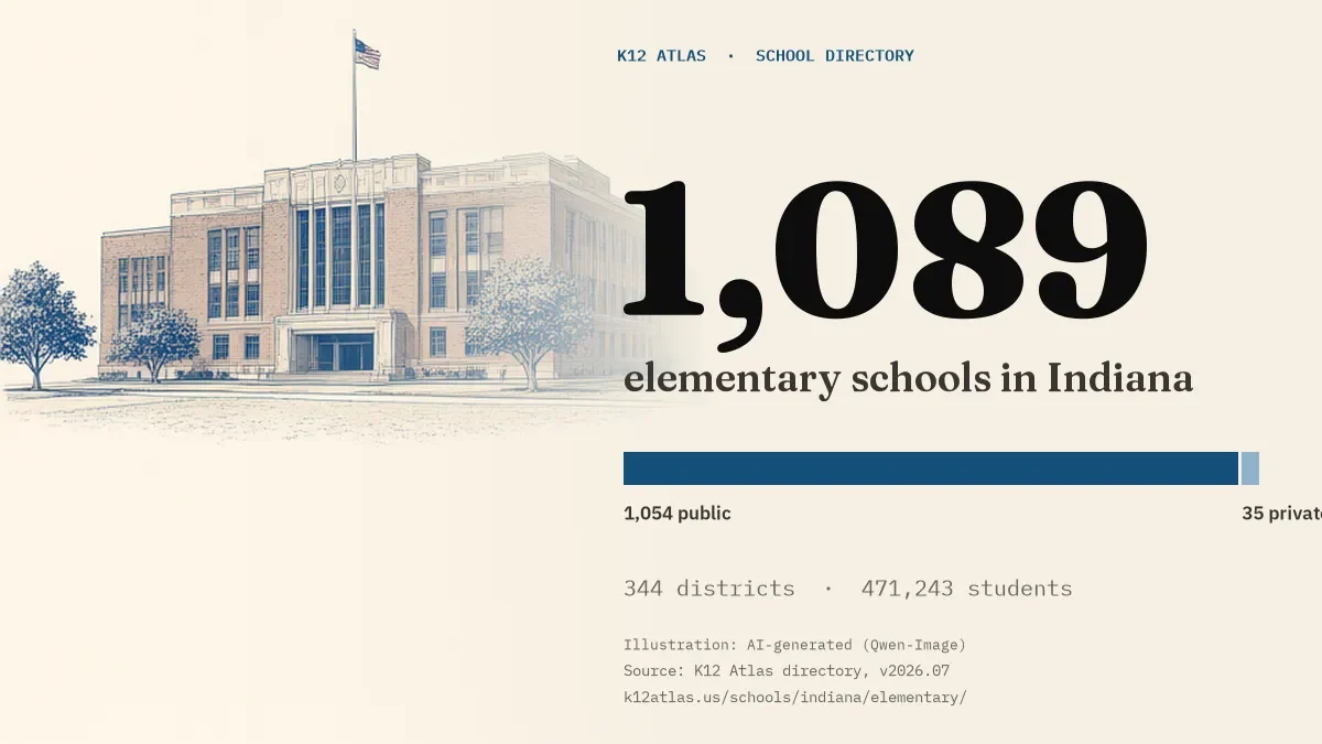 1,089 elementary schools in Indiana: 1,054 public and 35 private, across 344 districts with 471,243 students.